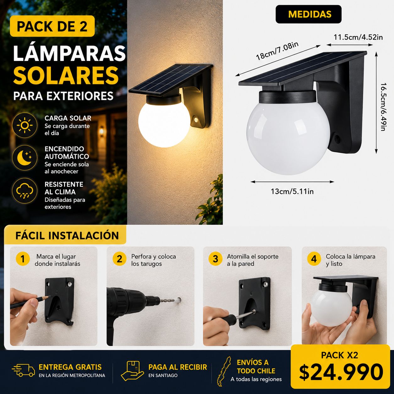 Pack de 2 Lamparas solares para exteriores
